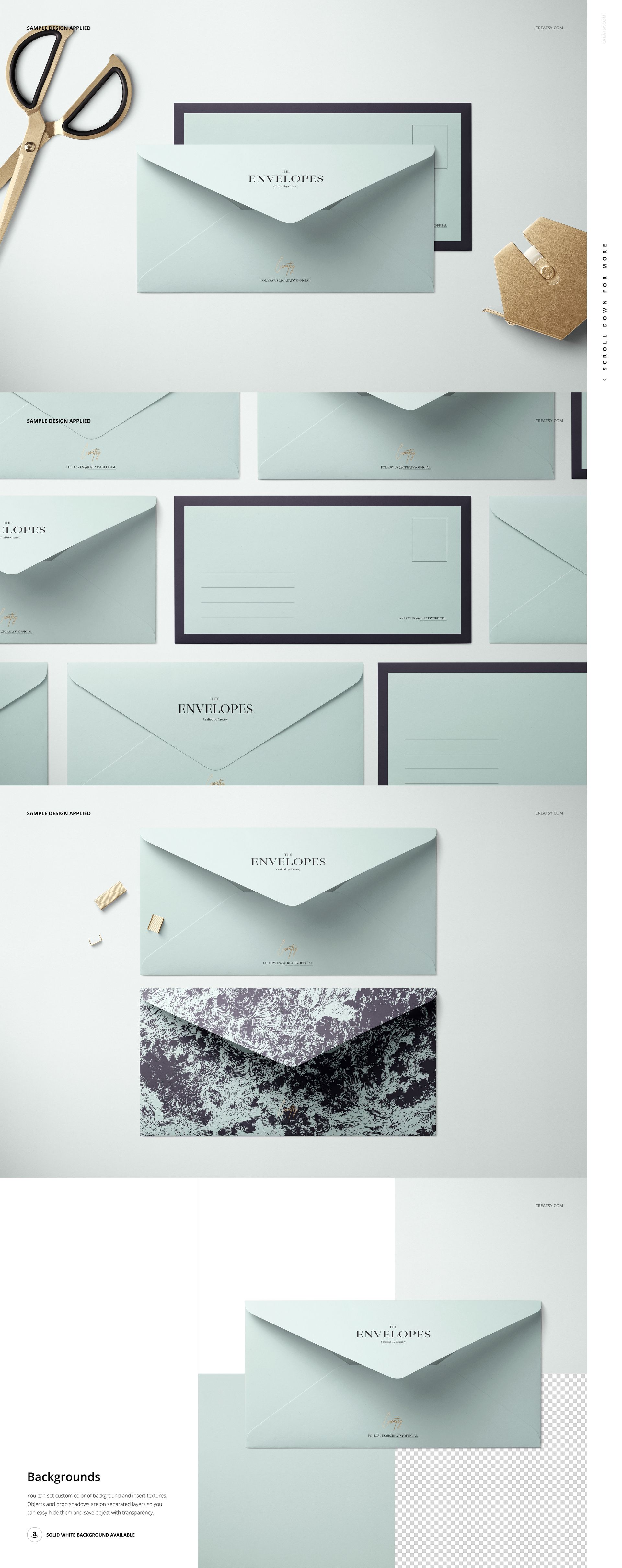 Top view of envelopes and cards mockup bundle in soft blue tones, displayed with scissors and cardboard tags.