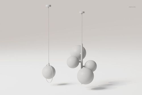 Front view of two modern globe ceiling lamps in white, featuring spherical shapes suspended from the ceiling.