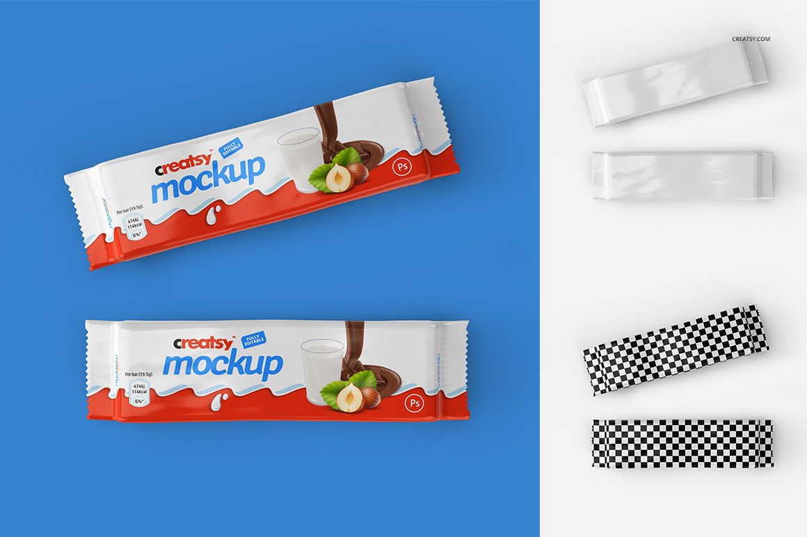 Two rectangular bar package mockups with red and white wrappers shown on a blue background, front view.