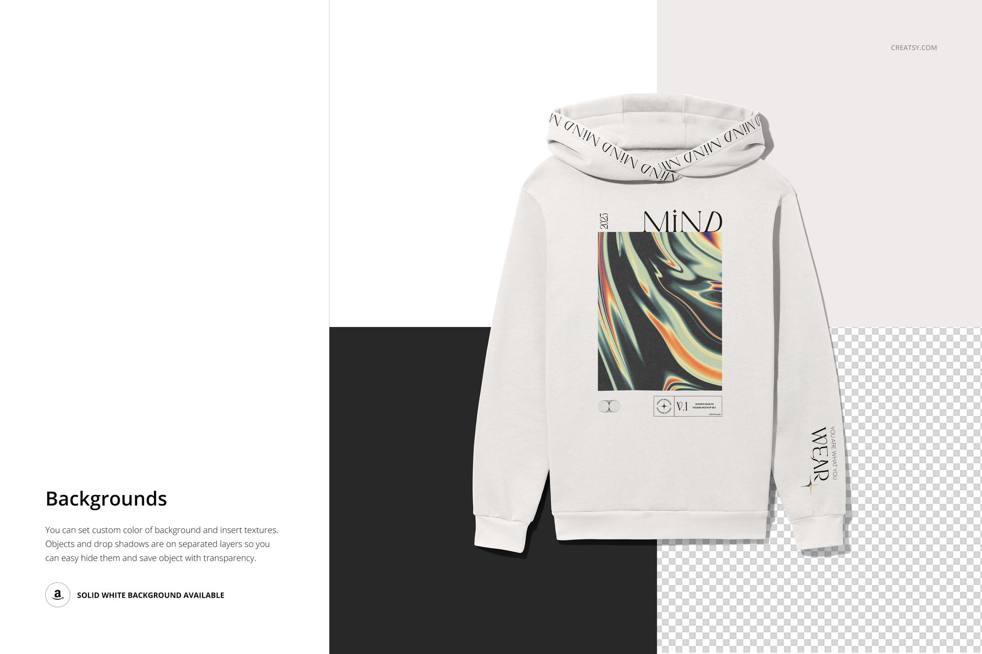 Oversized white hoodie mockup with large hood, abstract graphic print on front, displayed on split background.
