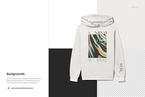 Oversized white hoodie mockup with large hood, abstract graphic print on front, displayed on split background.