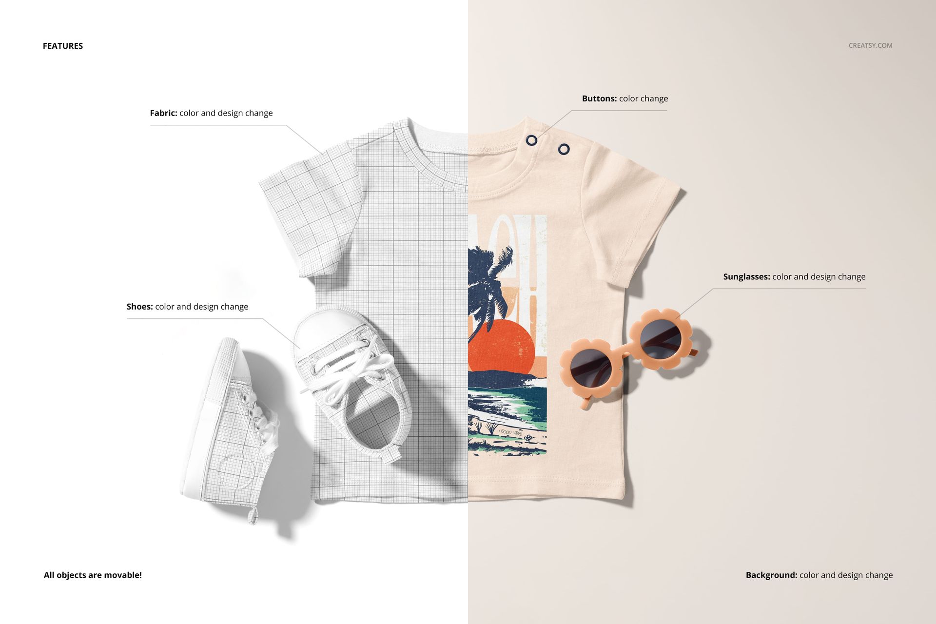 Infant T-shirt mockup set featuring two short-sleeve shirts, white shoes, and sunglasses on a split background.