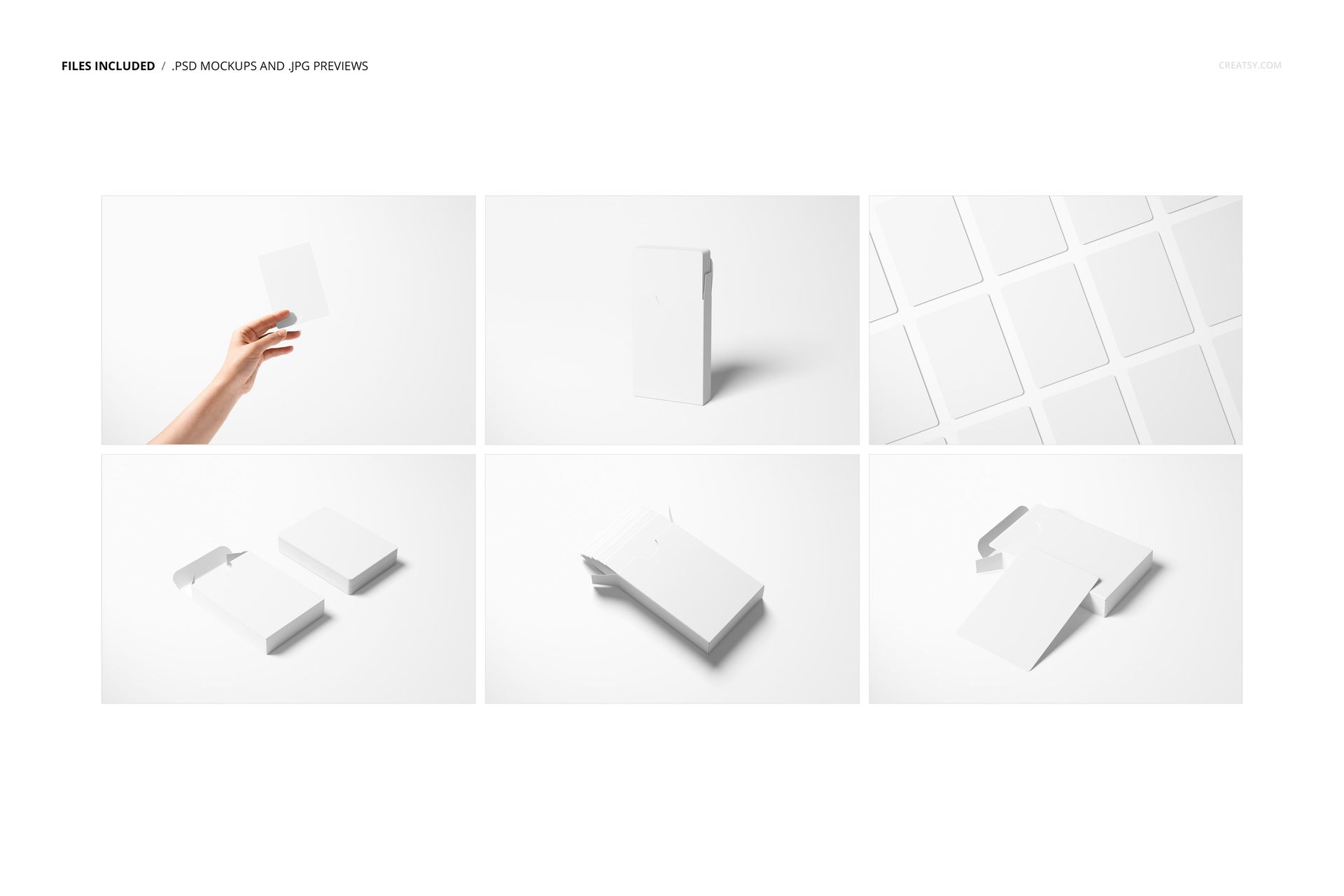 Set of six playing card mockups featuring blank cards and packaging in various arrangements and perspectives.