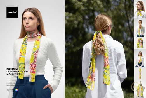 Chiffon silk scarf mockup featuring a long, narrow scarf with a yellow and red abstract pattern, shown on models.