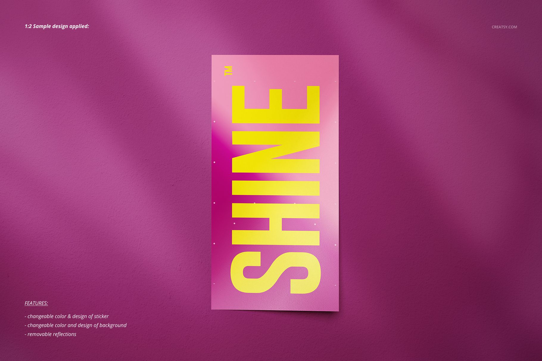Sticker mockup featuring a vertical rectangle design with large yellow letters on a pink background, placed on a magenta tabletop.