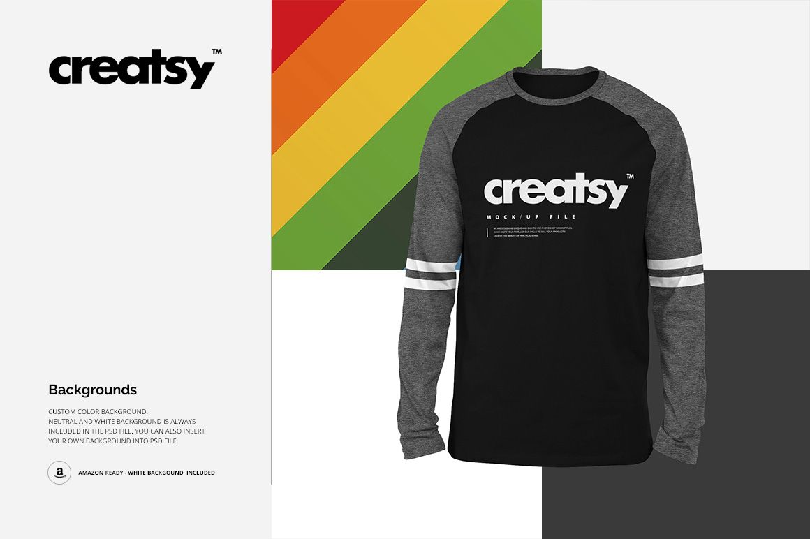Front view of a black raglan longsleeve shirt mockup with dark gray sleeves, white stripes, and a large white logo on the chest.