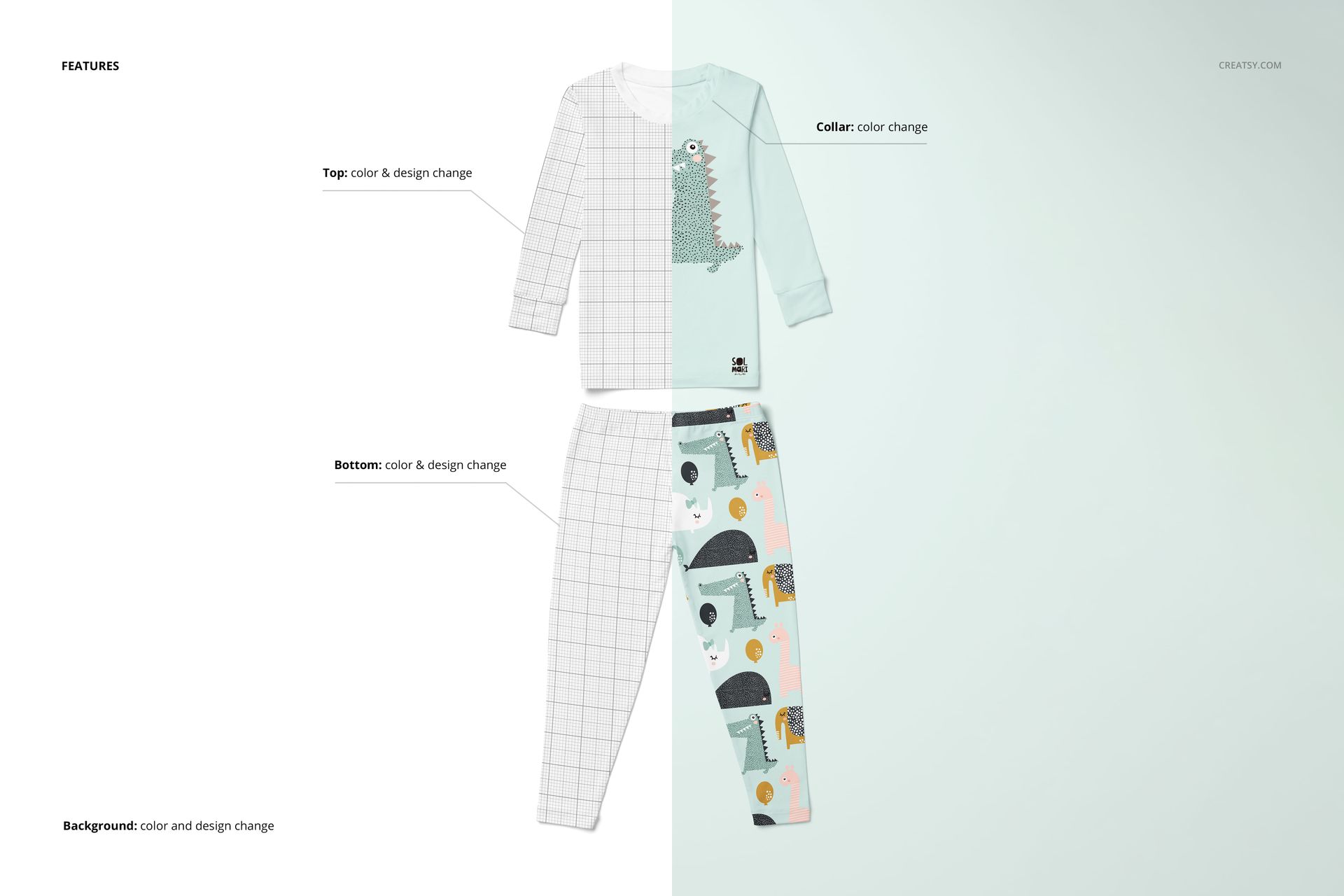 Kids long sleeve pajama set mockup with half grid pattern and half playful animal print, shown from front view.