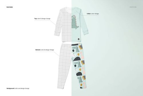 Kids long sleeve pajama set mockup with half grid pattern and half playful animal print, shown from front view.