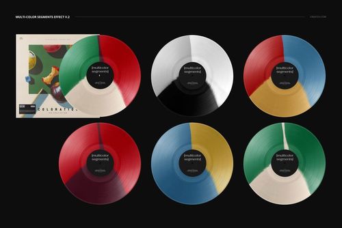 PSD mockup showing assorted vinyl records in red, green, white, black, gold, and blue segments, with a matching cover.