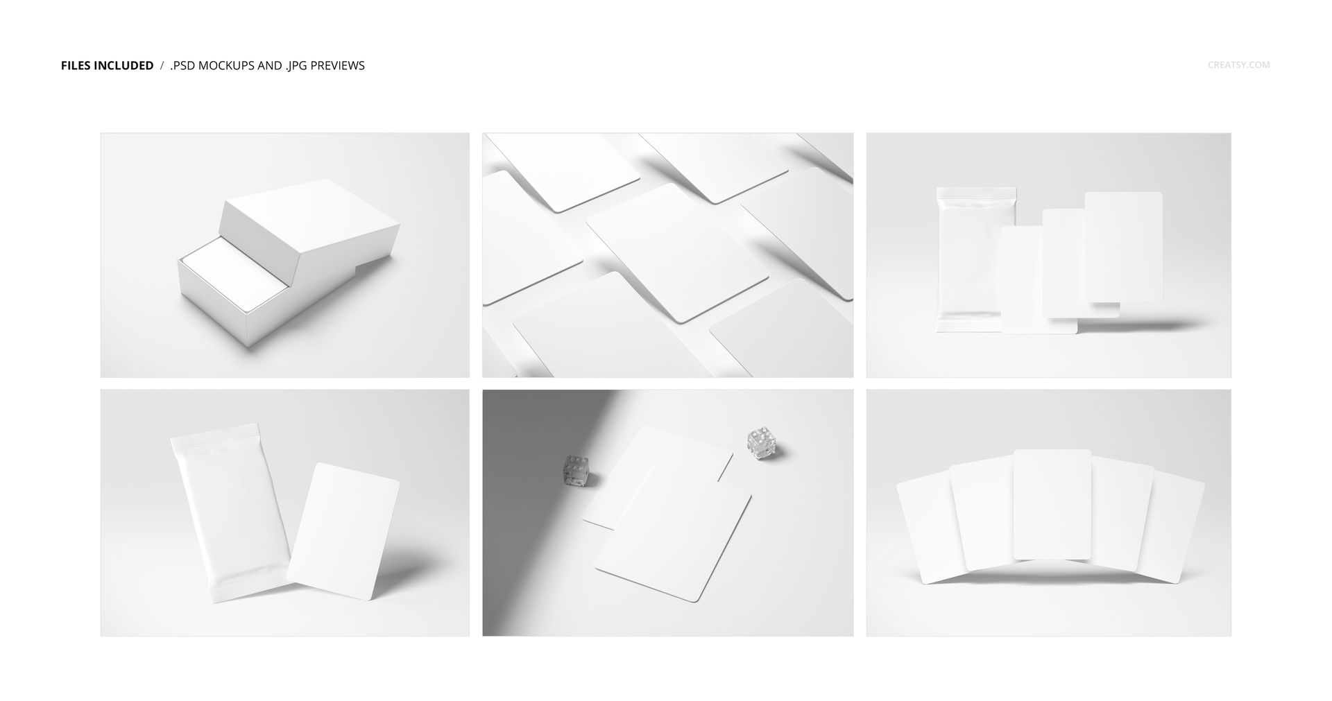 Set of blank trading cards and packaging mockups displayed on a white surface, shown from various angles and perspectives.
