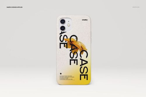 Front view of an iPhone 12 eco case mockup with a speckled beige surface and bold black text overlay.