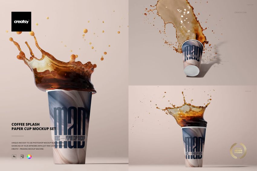 Coffee splashing out of upright and tipped paper cups with abstract designs, captured in dynamic mockup compositions.