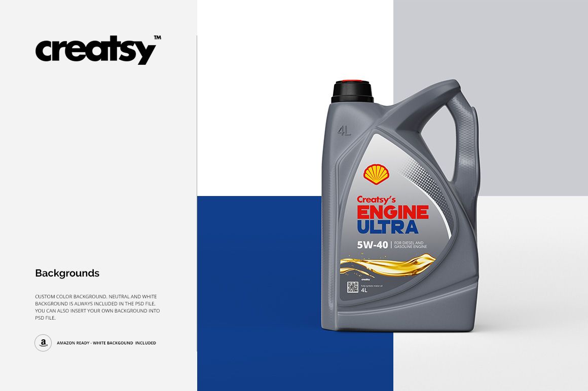 Gray plastic motor oil bottle mockup with a red and black cap, shown on a split blue, white, and gray backdrop.