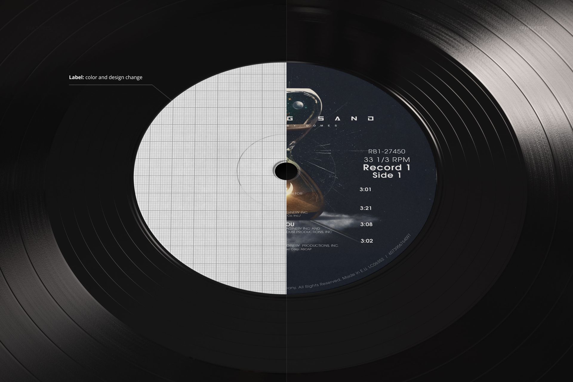 Black vinyl record mockup in close-up, displaying half a blank grid label and half a detailed music label design.