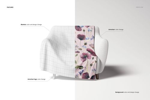 Mockup of a fleece throw blanket on an armchair, half with a colorful floral print and half with a plain grid pattern.