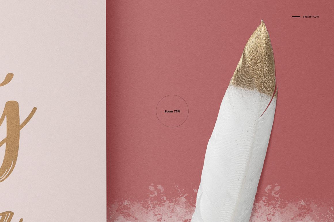 A4 notebook mockup with square holes, featuring an open spread with a white feather and gold tip on a pink page.