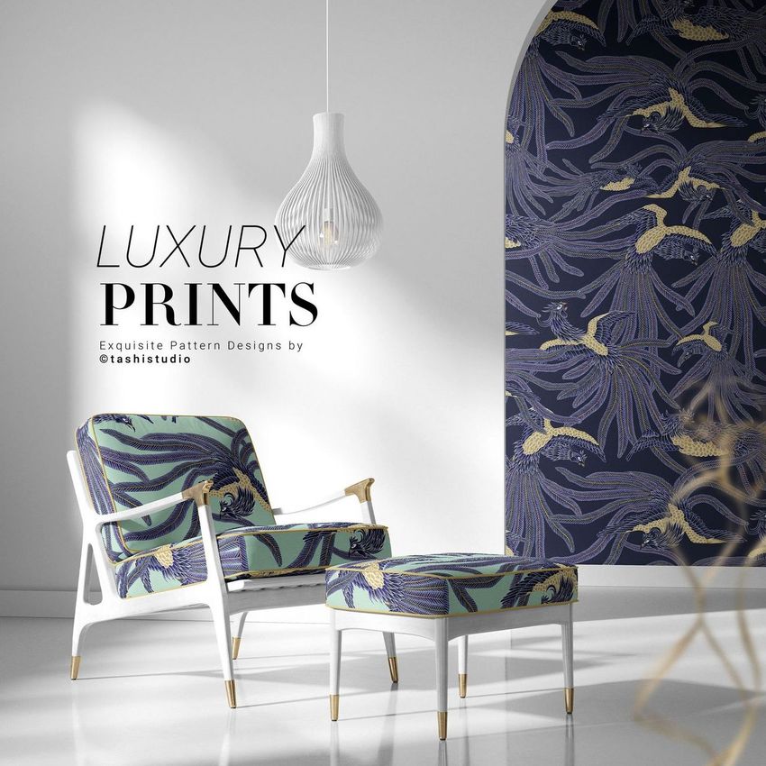 Lounge chair and ottoman mockup set with bold botanical patterns in blue and gold, styled in a modern interior with a pendant lamp.