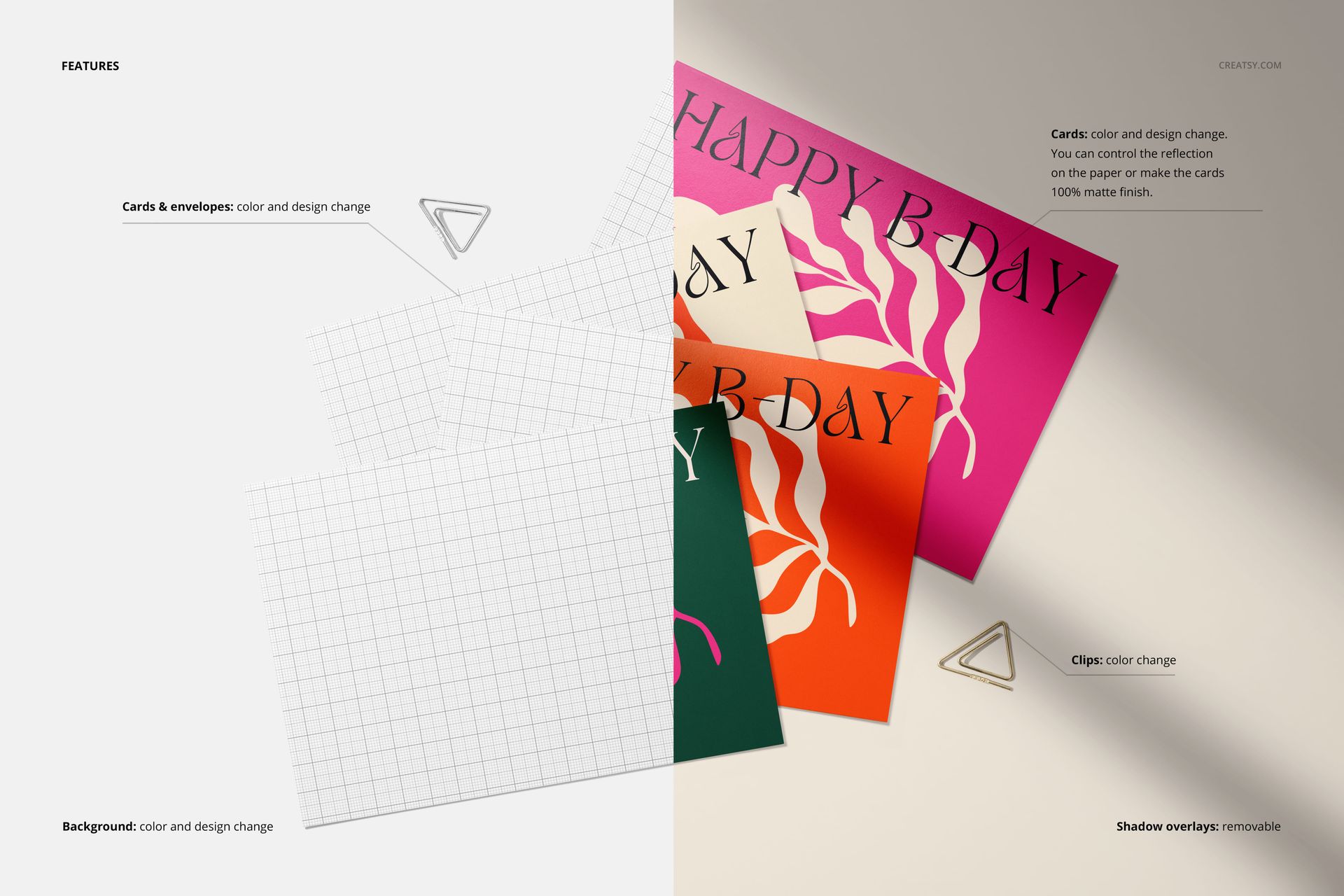 PSD mockup featuring assorted greeting cards and envelopes, grid background on left, vibrant birthday cards on right.