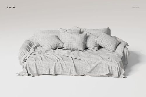 Front view of a luxury bedding set with multiple pillows and a blanket, featuring a light grid pattern on white fabric.