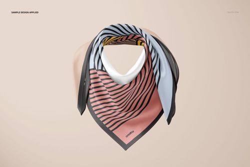 Wrapped silk scarf mockup displayed on a ghost mannequin, featuring pink, black, and beige striped patterns.
