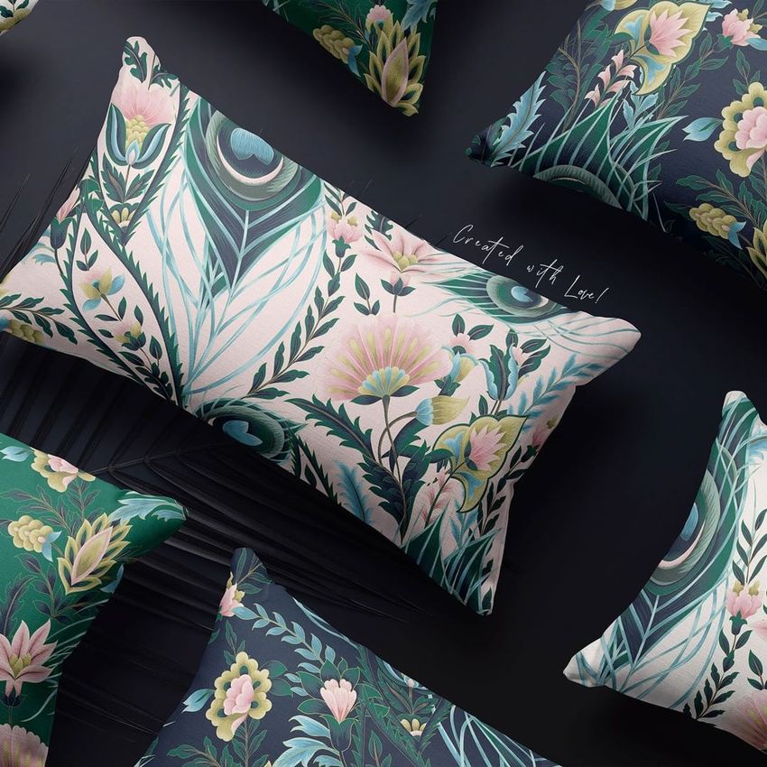 Rectangular pillows mockup featuring floral patterns in green, pink, and blue tones arranged on a dark background.