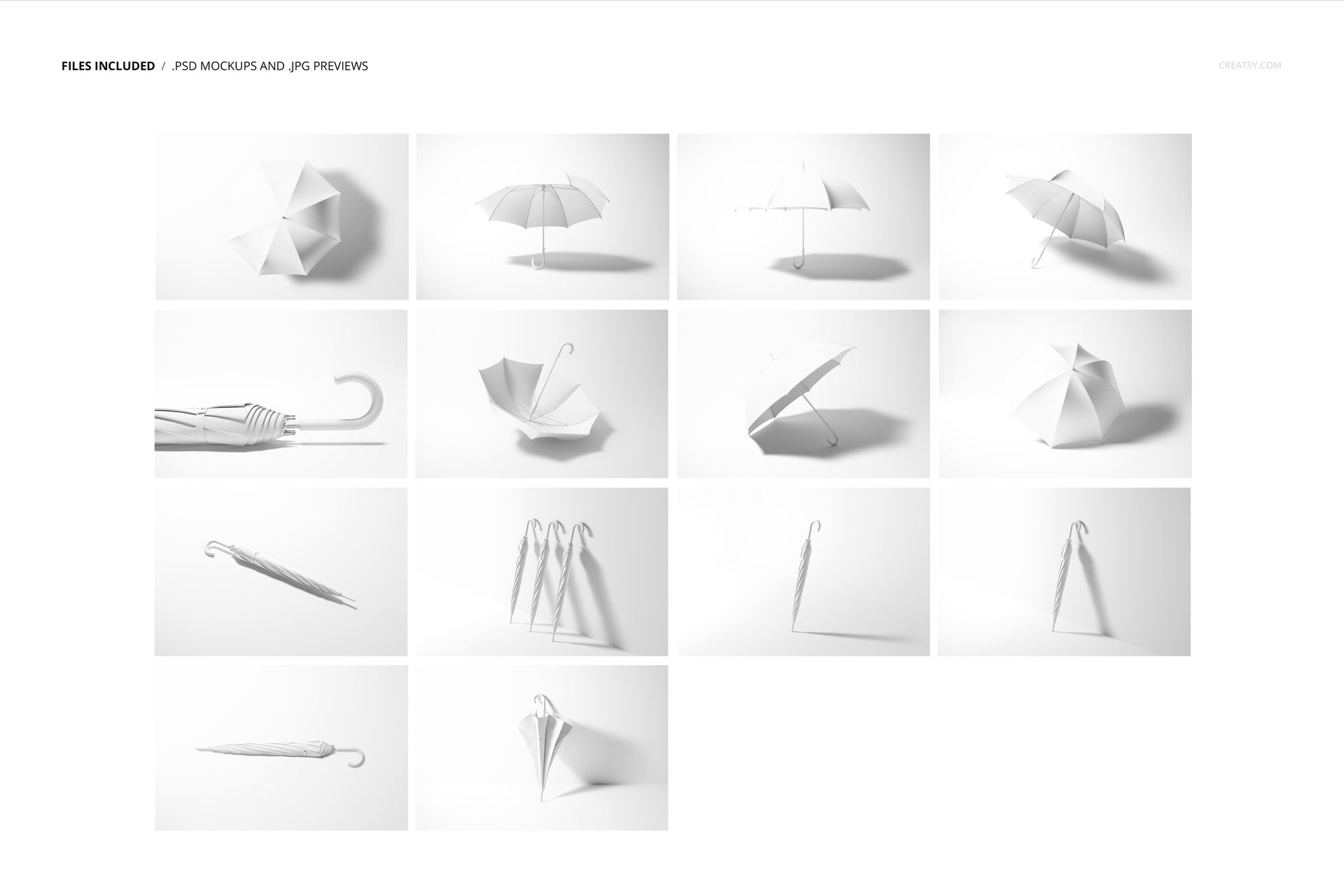 Set of white umbrellas shown in various positions and angles on a plain light background, highlighting mockup details.