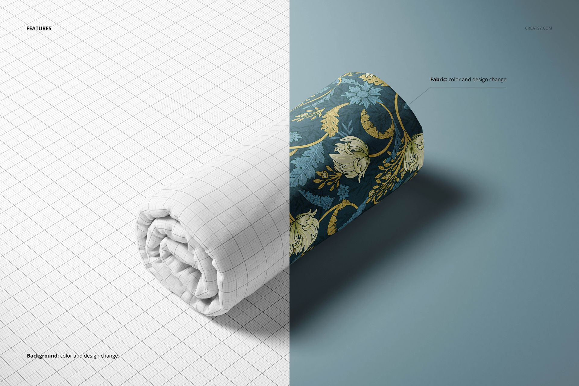 Mockup of double brushed polyester fabric roll, half featuring a white grid and half with blue and gold floral pattern.