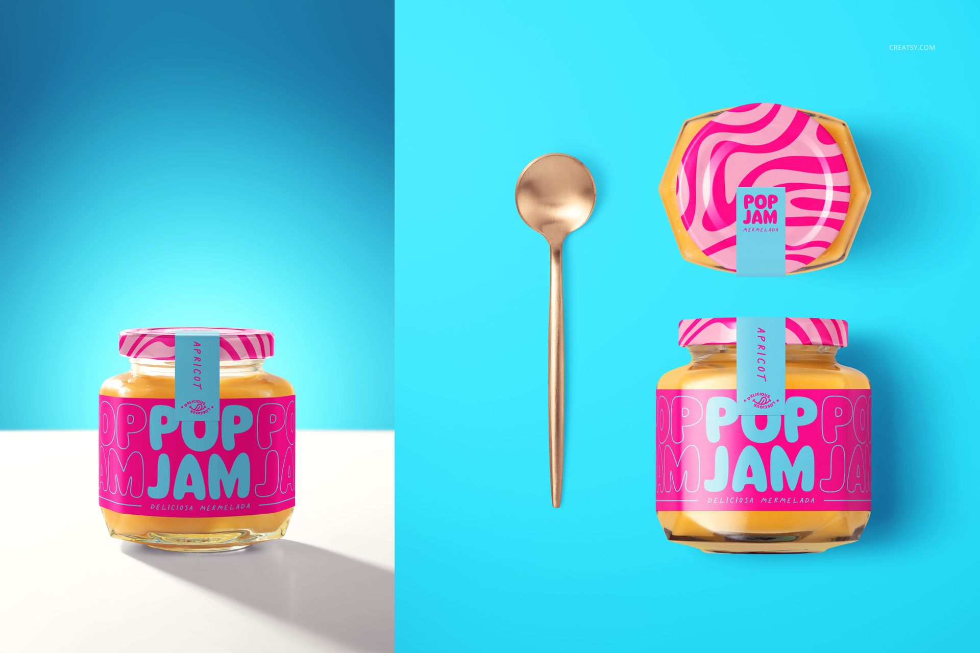 PSD mockup featuring a glass jam jar with vivid pink and blue label, displayed with a gold spoon on a vibrant blue surface.