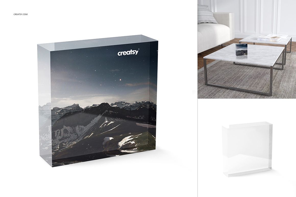 Rectangular acrylic tile mockup featuring a scenic print, displayed on a coffee table and isolated on white.