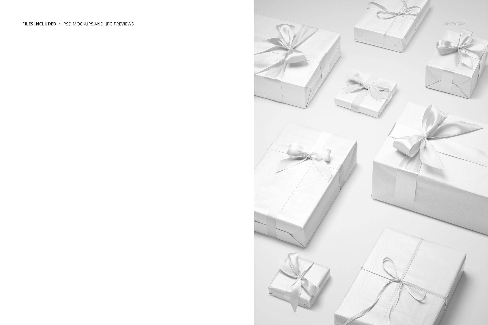 Group of eight rectangular gifts in white wrapping paper with assorted ribbons, displayed in a PSD mockup scene.
