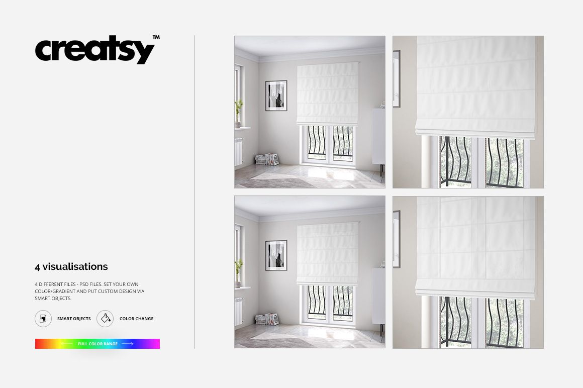Roman blind mockup in a modern interior, featuring white blinds on a window with light walls and minimal decor.