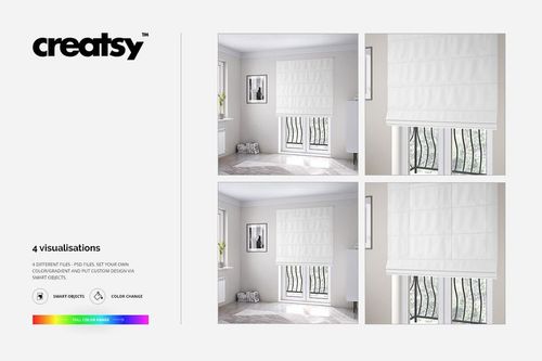 Roman blind mockup in a modern interior, featuring white blinds on a window with light walls and minimal decor.