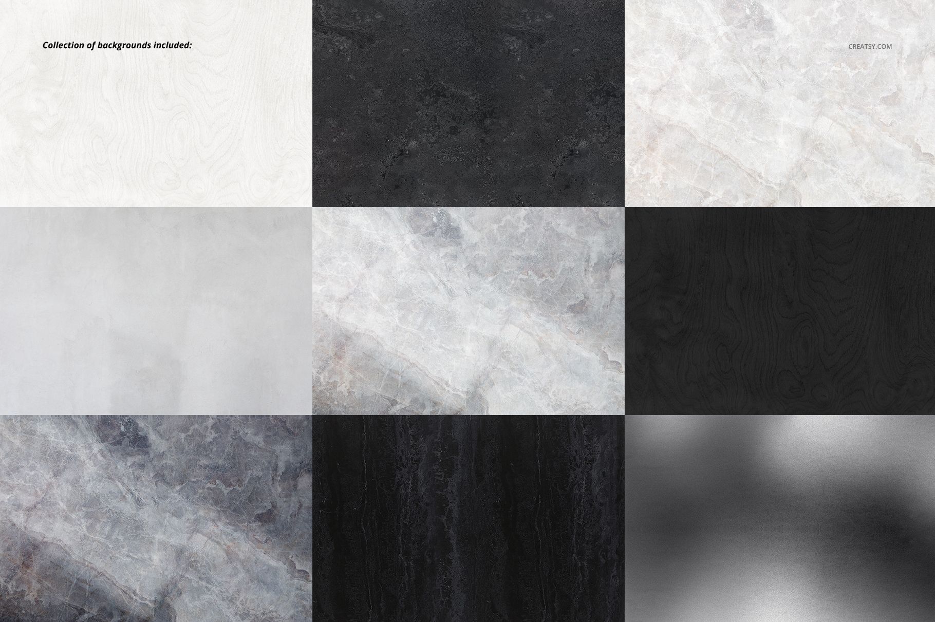 Collection of background options for PSD mockup, showing assorted gray, black, and white textured surfaces.