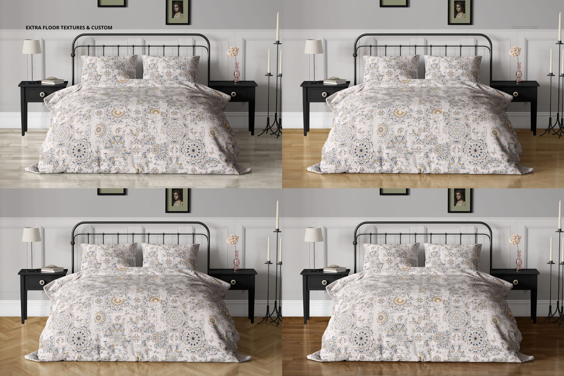 Bedroom bedding mockup featuring a metal bed frame, patterned comforter, and pillows, displayed with varied flooring textures.