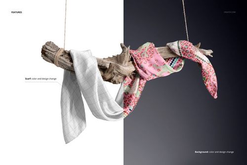 PSD mockup showing two silk scarves on driftwood, split background with white and dark tones highlighting scarf designs.