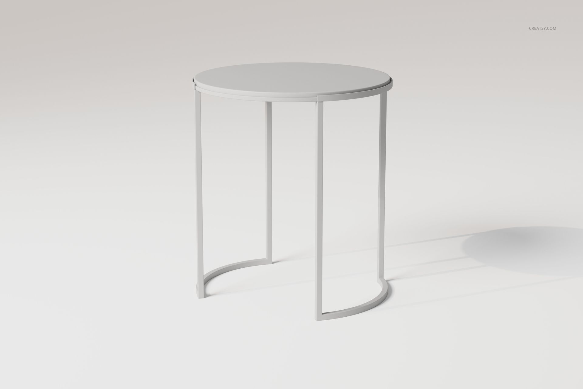 Round loft style side table with a minimalist metal frame and smooth tabletop, shown in a light neutral setting.