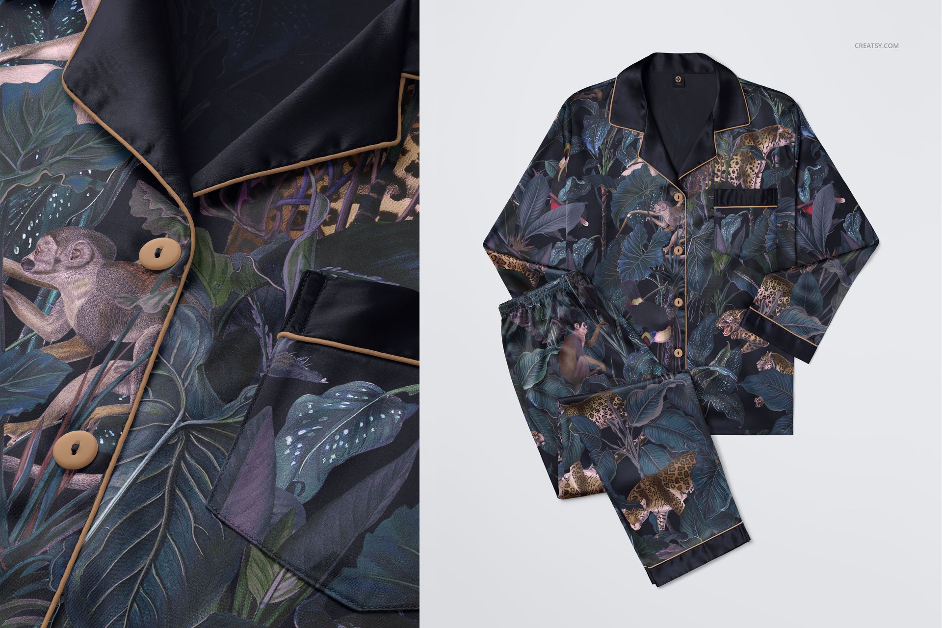 Silk pyjama mockup set featuring a jungle-inspired print with leaves and animals, shown flat with clear details.