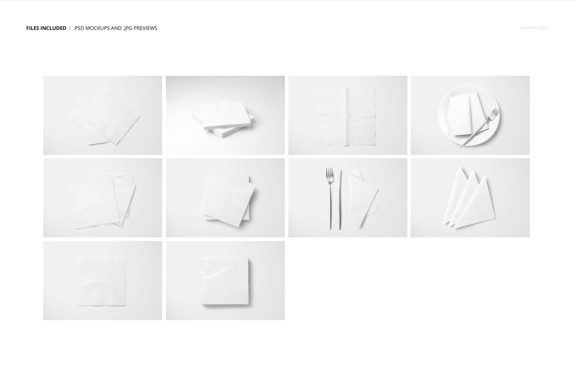 Collection of napkin mockups shown folded, stacked, and arranged with utensils on a clean, minimal surface.