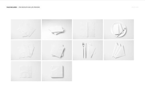 Collection of napkin mockups shown folded, stacked, and arranged with utensils on a clean, minimal surface.
