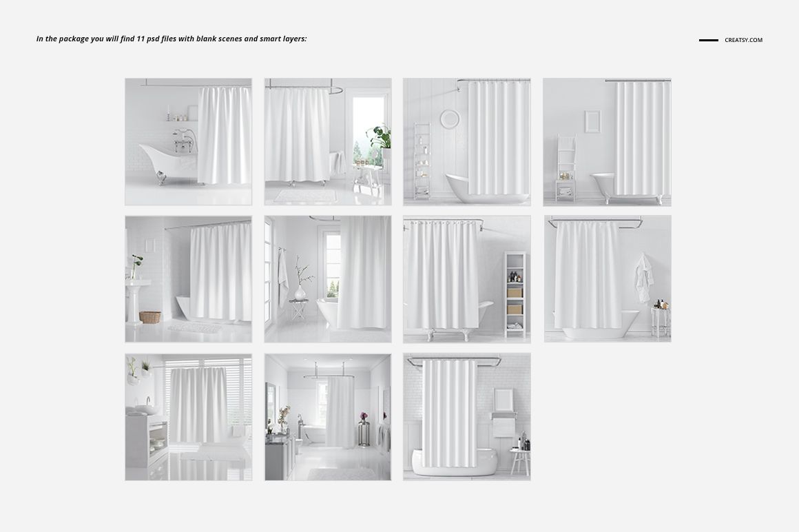 Bathroom mockup bundle showing eleven scenes with white shower curtains in various modern bathrooms.