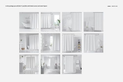 Bathroom mockup bundle showing eleven scenes with white shower curtains in various modern bathrooms.