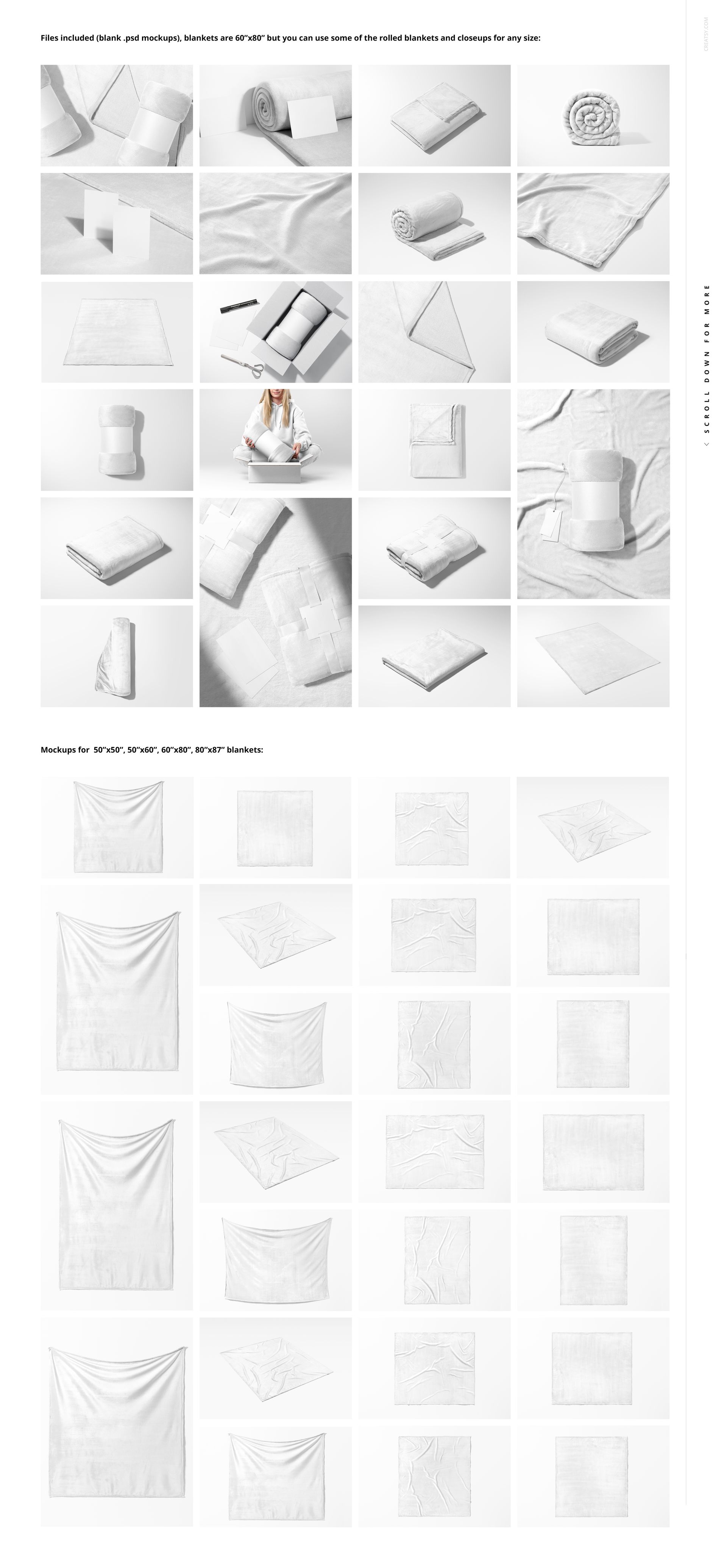 Fleece blanket mockup bundle showing various white blankets in different arrangements and perspectives on a plain background.