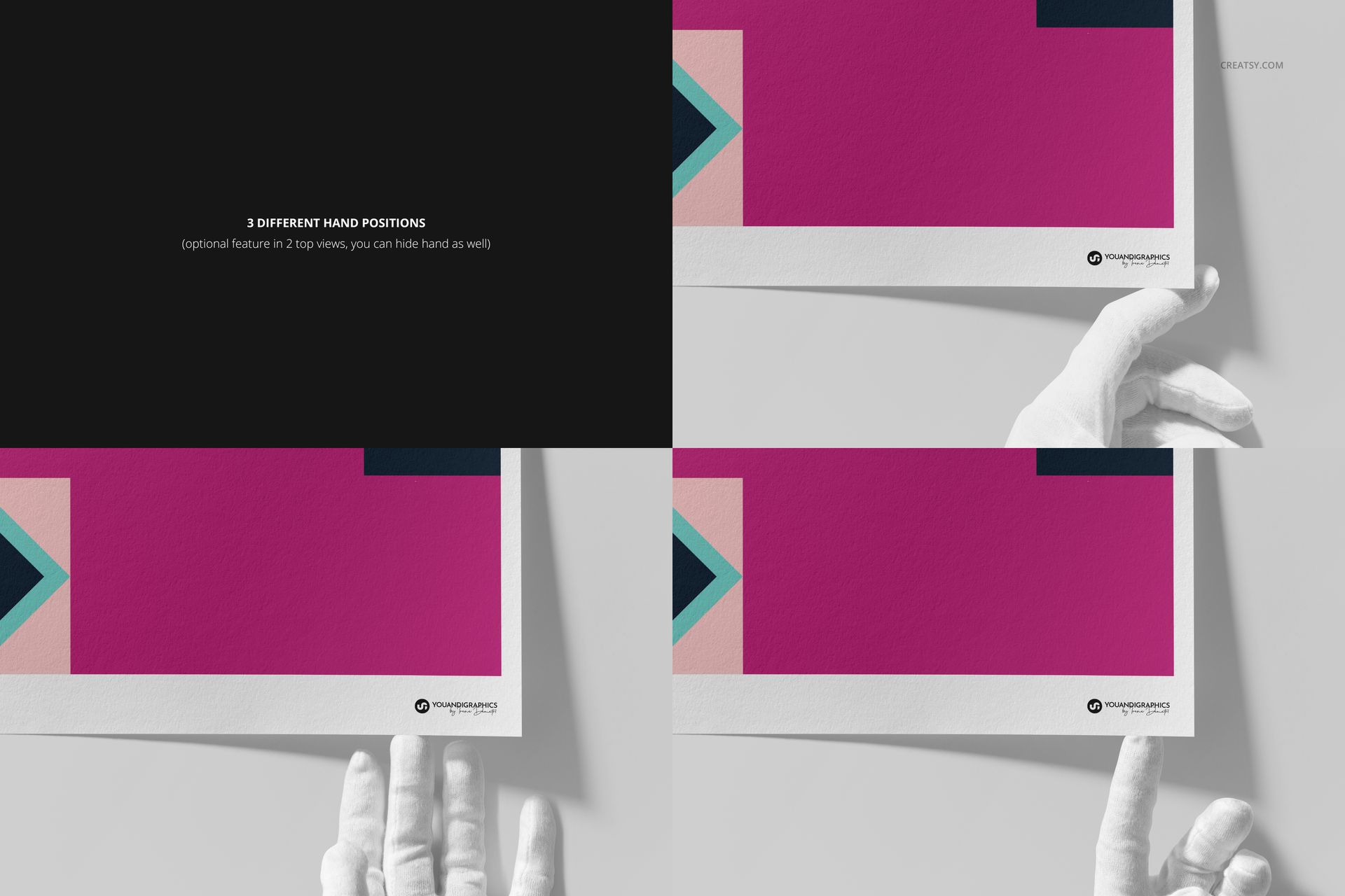 A3 fine art print mockup featuring a geometric magenta design, shown in three hand-held positions on a light surface.
