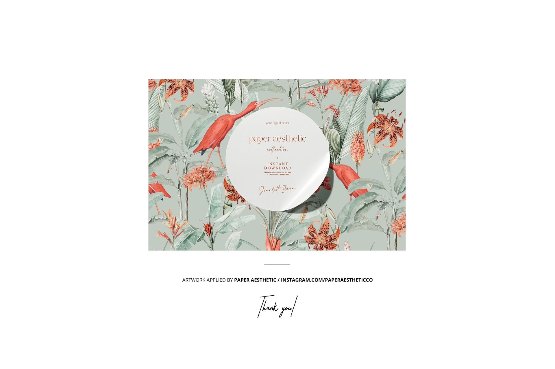 Wrinkled fabric mockup with sewing items, featuring a botanical pattern in muted green and orange tones, top view.