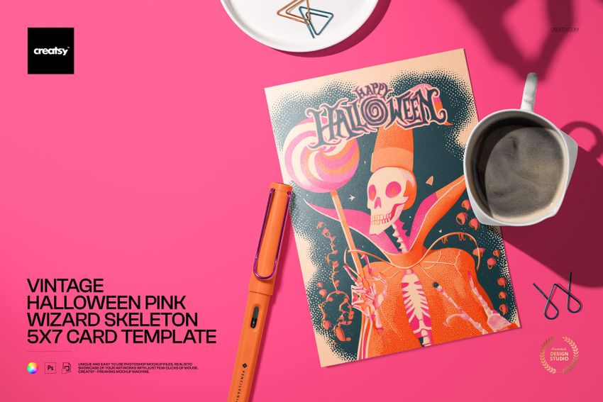 Vintage Halloween Pink Wizard Skeleton 5x7 Card Template - mockup screenshot 1