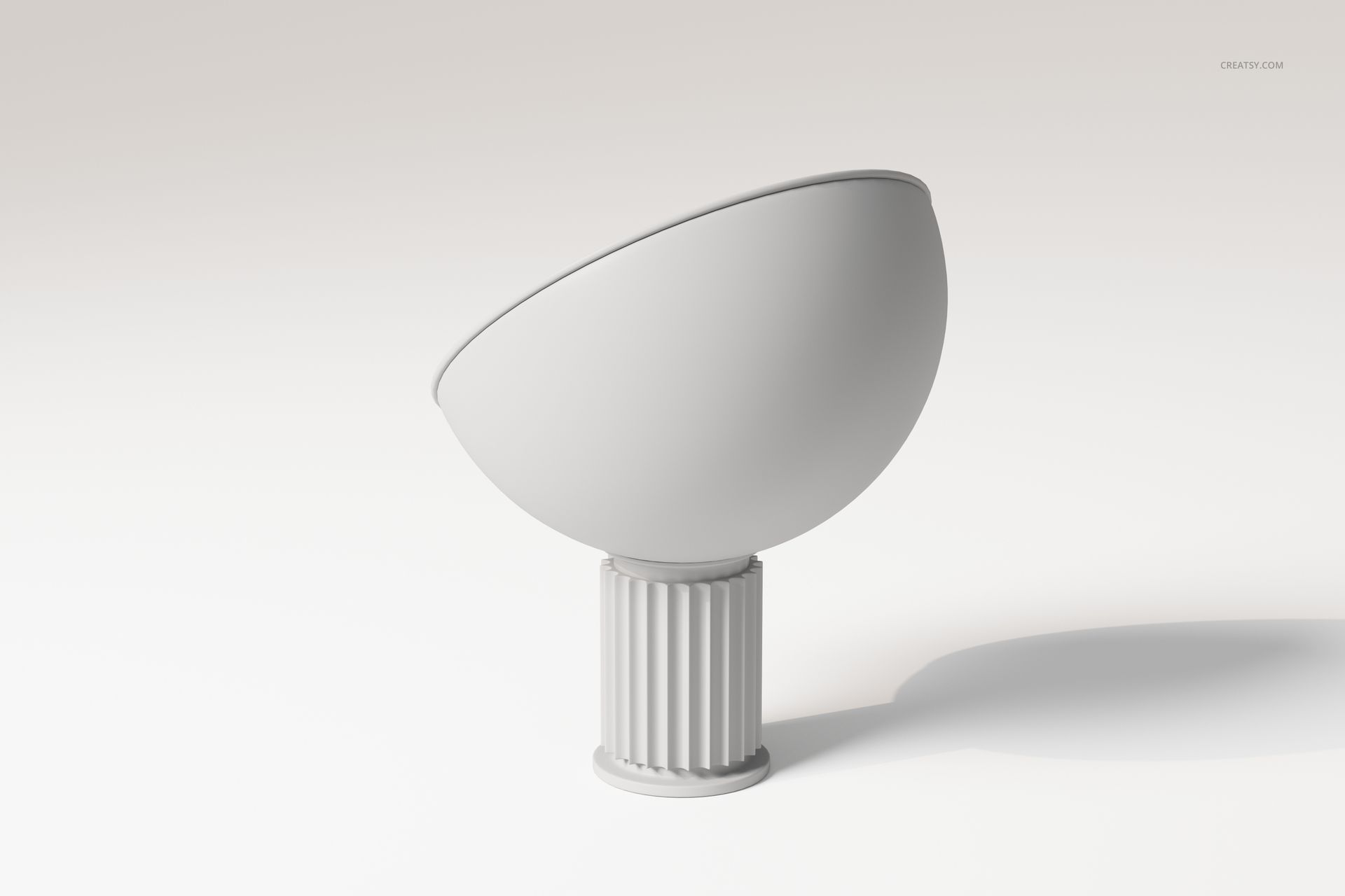 Modern table lamp with a round, bowl-shaped shade and ribbed cylindrical base in a neutral setting, side view.