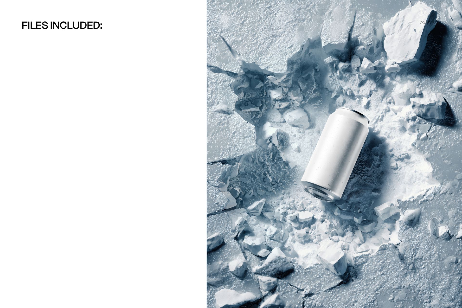 Top view of a white can resting in a crater surrounded by scattered snow and ice chunks, drinkware mockup.