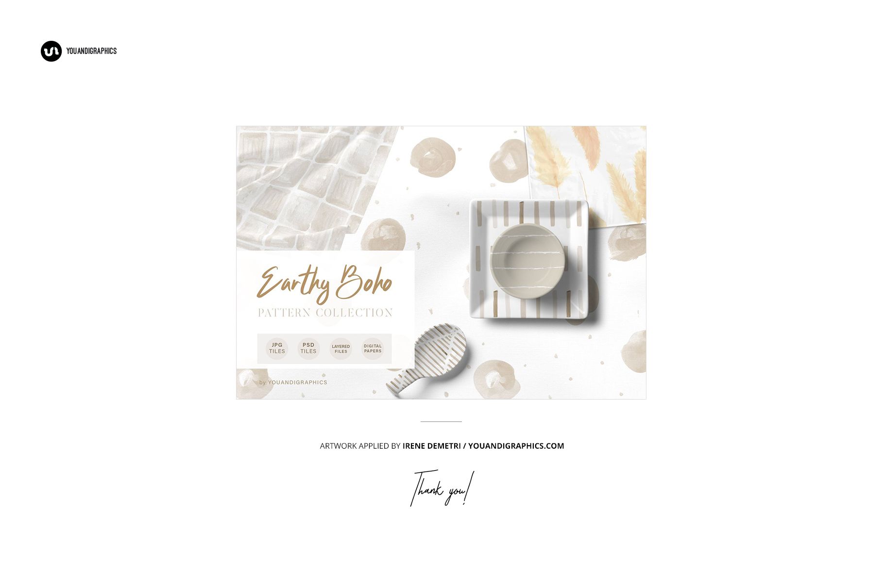 Front view of a planner mockup set displaying a neutral-toned cover with abstract patterns and a ceramic dish on striped paper.