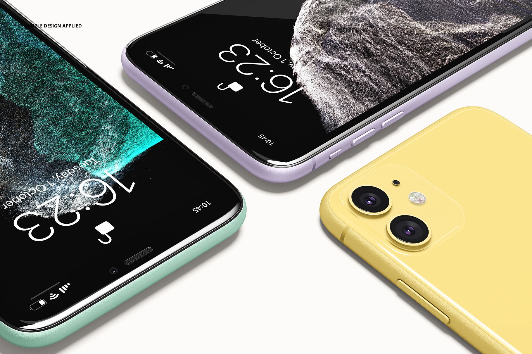 Angled view of iPhone 11 mockup set with devices in pastel colors, focusing on screen details and camera placement.