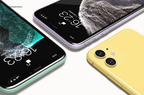 Angled view of iPhone 11 mockup set with devices in pastel colors, focusing on screen details and camera placement.